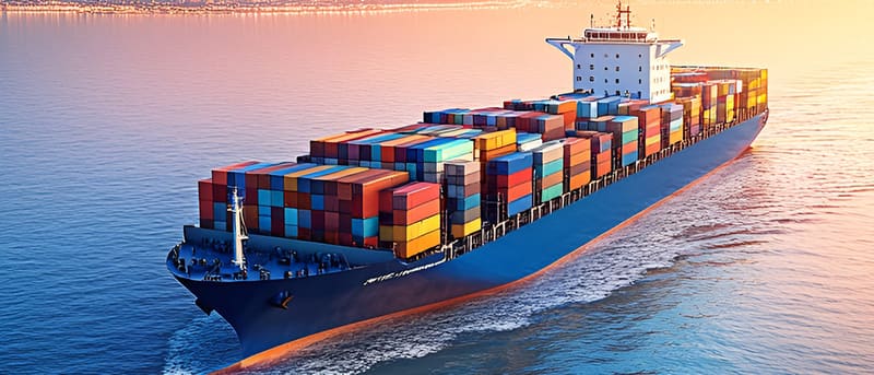 A fully loaded container ship at sea, stacked with colorful shipping containers