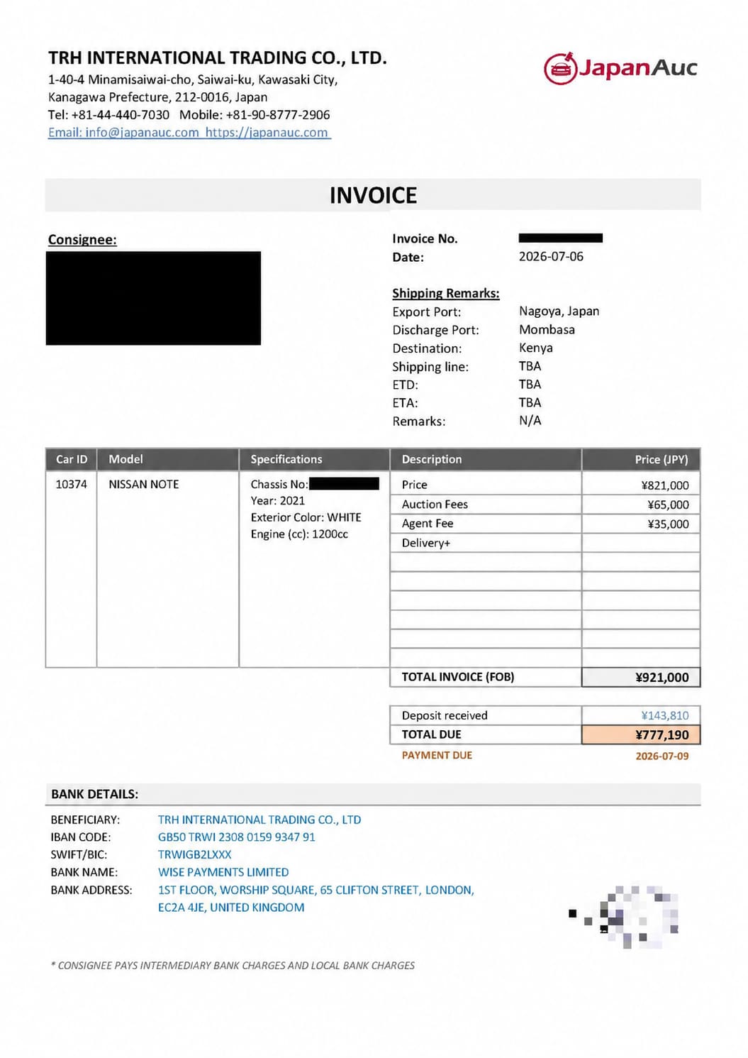 FOB invoice — freight not included