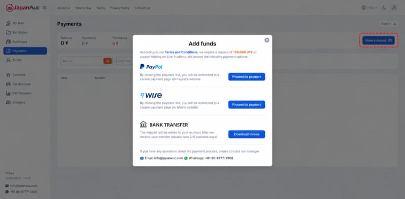 Add funds dialog with PayPal, Wise and bank transfer options