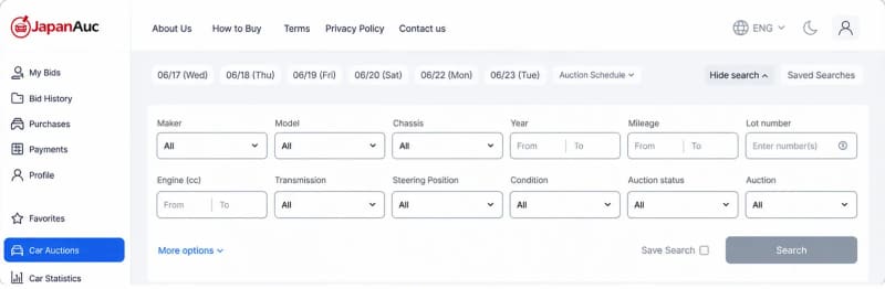 Car auction search filters: maker, model, chassis, year, mileage