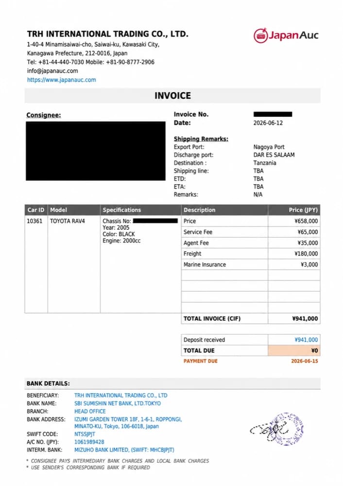 Itemized JapanAuc invoice with price, fees, freight and insurance
