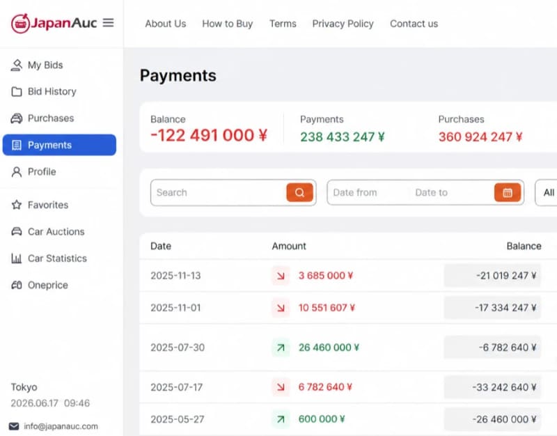 Payments dashboard showing balance, payments and purchases