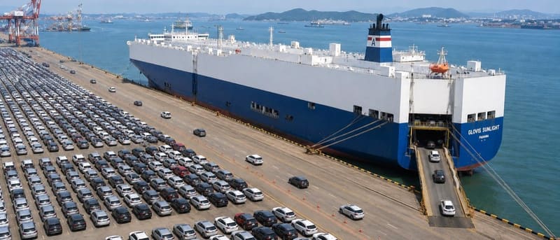 Cars driving up the stern ramp into a RoRo car carrier at port, beside rows of export vehicles